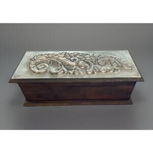 Vintage Midcentury Metal Foil Decorated Lid Wood Trinket Box 10"x4"x3" Jewelry